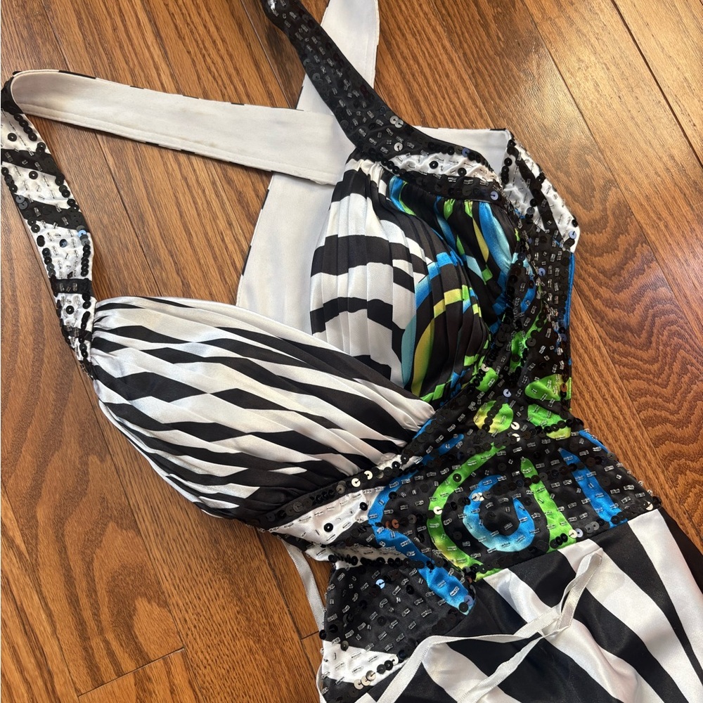 Hailey Logan Black and White Striped Dress with Blue and Green Accents